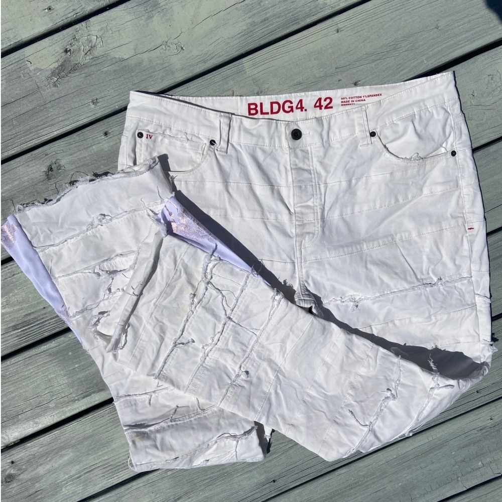 BLDG4 Foundation Jean White 5 pocket stacked with cut seams streetwear